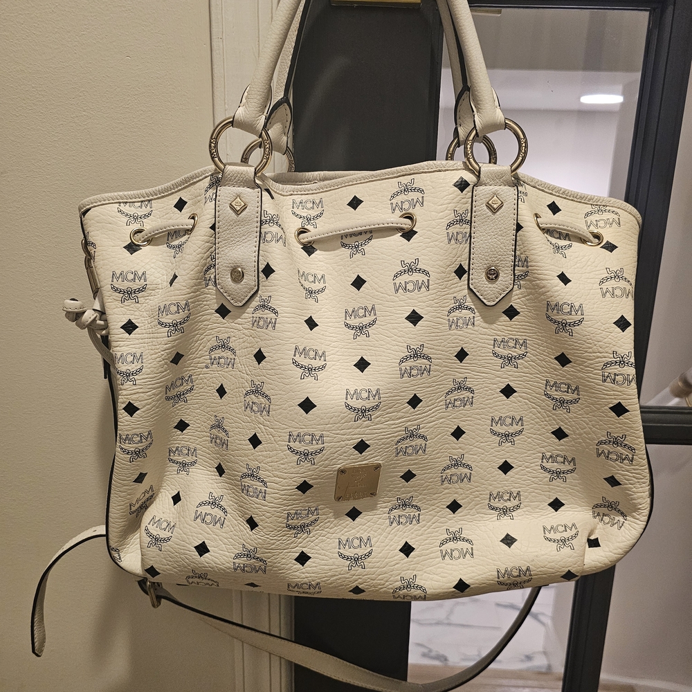 MCM Cream Tote Bag with Signature Logo and Leather Handles